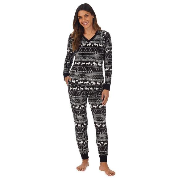 Cuddl Duds Velour Pajama Lounge Set Pockets Top Pants Black Moose Fair Isle L - Picture 1 of 5